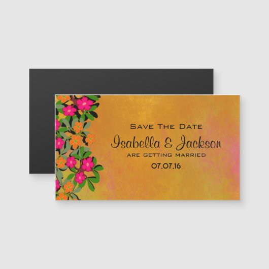 ピンクとオレンジのワイルドフラワーウェディング日付を保存 (正面/裏面)