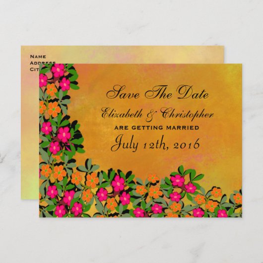 ピンクとオレンジのワイルドフラワーウェディング日付を保存 案内ポストカード (正面/裏面)