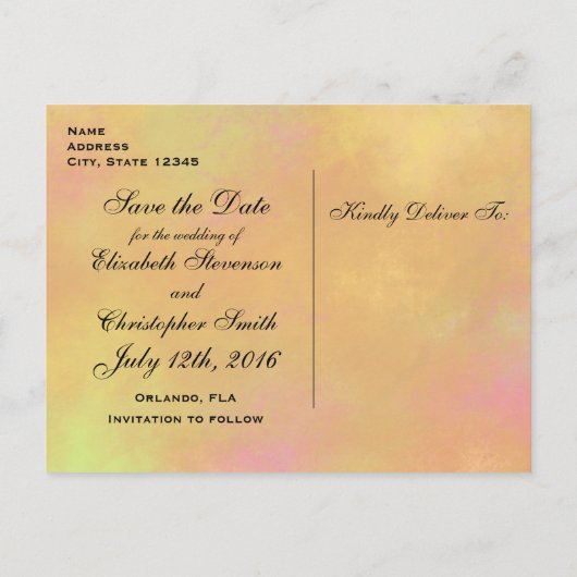 ピンクとオレンジのワイルドフラワーウェディング日付を保存 案内ポストカード (裏面)