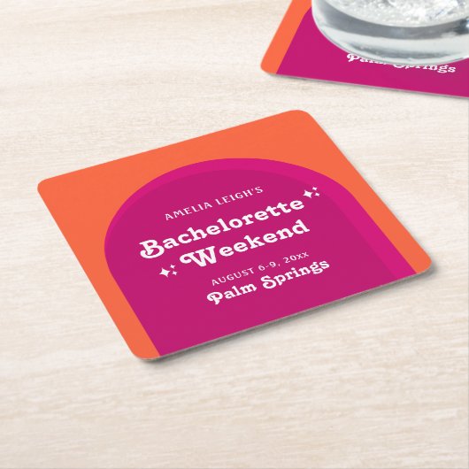 ピンクとオレンジの夕日レトロ独身最後の週末 スクエアペーパーコースター (アングル)