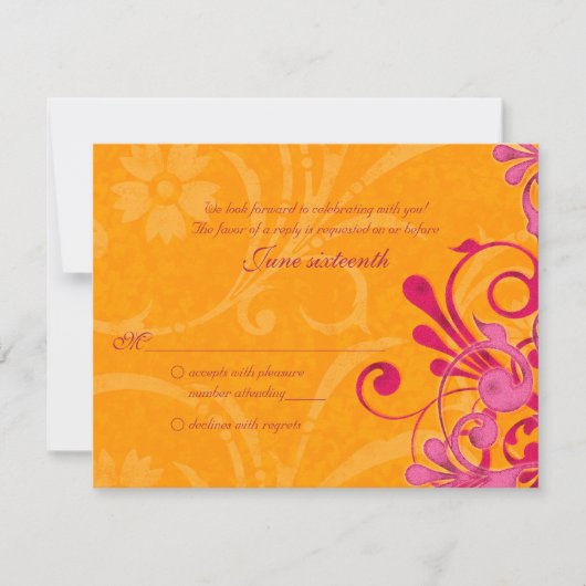 ピンクとオレンジの抽象的な花のレスポンスカード 出欠カード (正面)