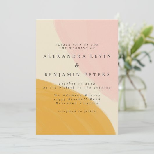 ピンクとオレンジの抽象芸術の結婚水色 招待状 (スタンド正面)