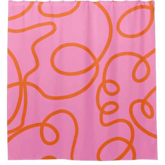 ピンクとオレンジの抽象芸術ラインのブラシストローク シャワーカーテン (正面)