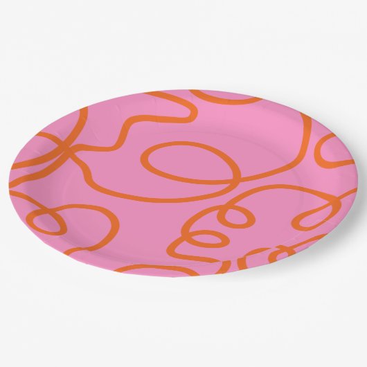 ピンクとオレンジの抽象芸術ラインのブラシストローク ペーパープレート (アングル)