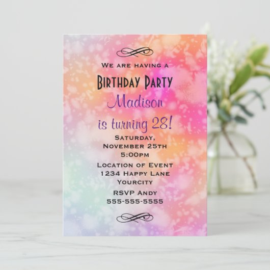 ピンクとオレンジの抽象芸術水カラー誕生日 招待状 (スタンド正面)