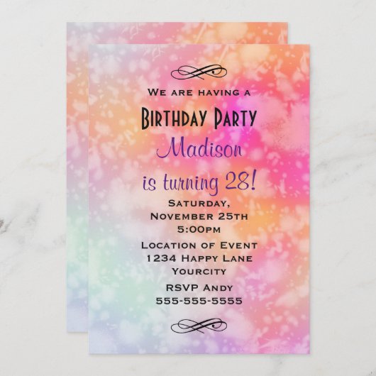 ピンクとオレンジの抽象芸術水カラー誕生日 招待状 (正面/裏面)