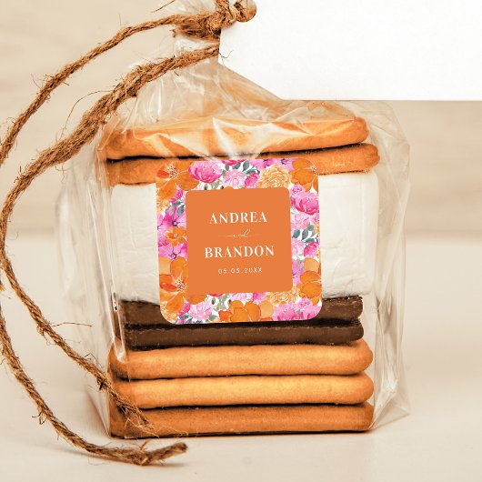 ピンクとオレンジの明るい夏のフローラ結婚ズ スクエアシール