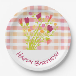 ピンクとオレンジの格子柄 ペーパープレート