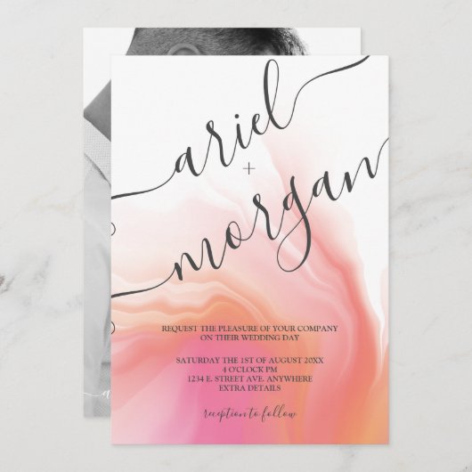 ピンクとオレンジの水の色のスクリプトフォト結婚ズ 招待状 (正面/裏面)