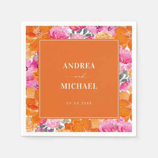 ピンクとオレンジの水の色のフローラサマー結婚ズ スタンダードカクテルナプキン (正面)
