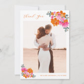 ピンクとオレンジの水の色のフローラロマン結婚ティック サンキューカード (正面)