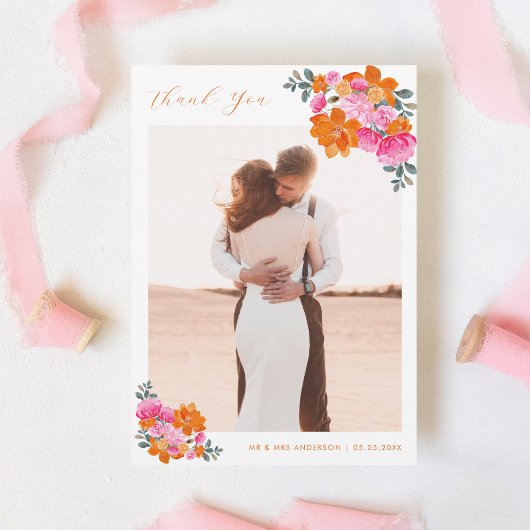 ピンクとオレンジの水の色のフローラロマン結婚ティック サンキューカード