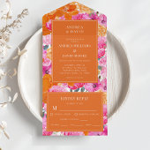 ピンクとオレンジの水の色のフローラ鮮やかの結婚数 オールインワン招待状