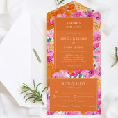 ピンクとオレンジの水の色のフローラ鮮やかの結婚数 オールインワン招待状