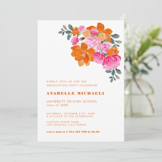 ピンクとオレンジの水の色のフローラ鮮やか卒業 招待状 (スタンド正面)