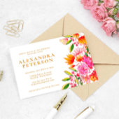 ピンクとオレンジの水カラーフローラブライダルシャワー 招待状