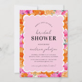 ピンクとオレンジの水カラーフローラ波形ブライダルシャワー 招待状 (正面)
