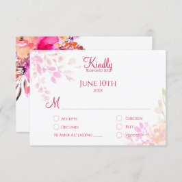 ピンクとオレンジの水彩花エレガントな結婚式 出欠カード