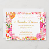 ピンクとオレンジの水彩花ベビーシャワー 招待状 (正面)