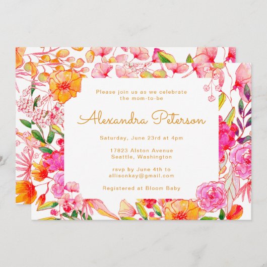 ピンクとオレンジの水彩花ベビーシャワー 招待状 (正面/裏面)