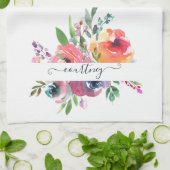 ピンクとオレンジの水彩花柄のパーソナライズされた キッチンタオル (折り畳み)