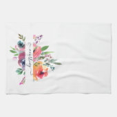 ピンクとオレンジの水彩花柄のパーソナライズされた キッチンタオル (横)