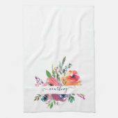 ピンクとオレンジの水彩花柄のパーソナライズされた キッチンタオル (縦)