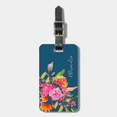 ピンクとオレンジの水彩花海軍名 ラゲッジタグ (正面縦)