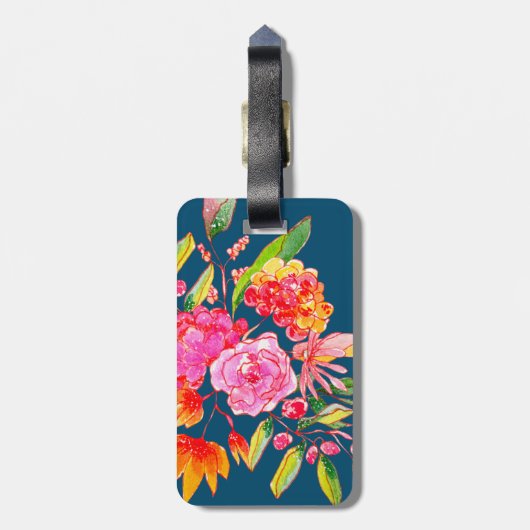 ピンクとオレンジの水彩花海軍名 ラゲッジタグ (裏面縦)