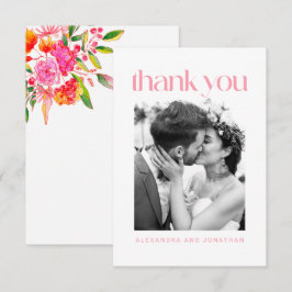 ピンクとオレンジの水色のフローラ結婚の写真 サンキューカード