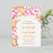 ピンクとオレンジの水色のワイルドフラワー 箔招待状 (立ち正面)