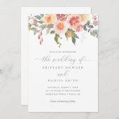 ピンクとオレンジの水色フローラ・グリ結婚ーナリー 招待状 (正面/裏面)