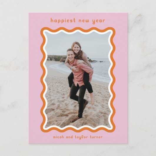 ピンクとオレンジの波形が新年を迎える シーズンポストカード (正面)