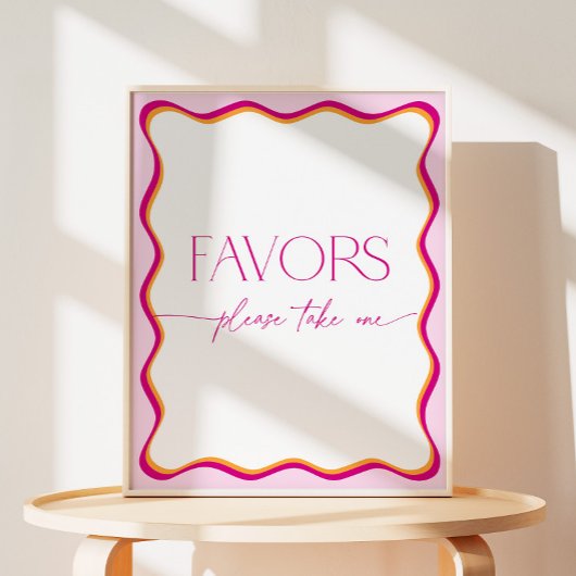 ピンクとオレンジの波状の花バーが花束を作る 台座サイン