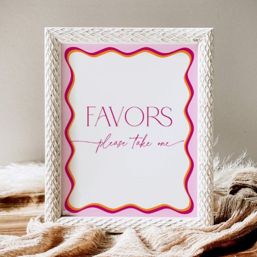 ピンクとオレンジの波状の花バーが花束を作る 台座サイン