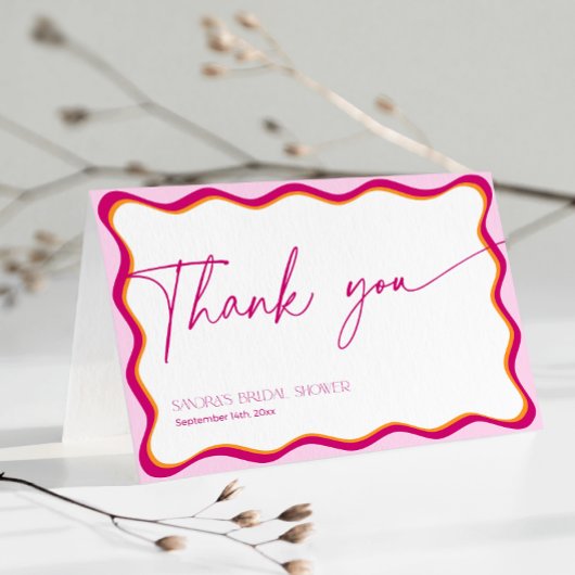 ピンクとオレンジの波状縁どブライダルシャワー サンキューカード