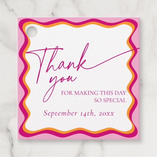 ピンクとオレンジの波縁どがありがとう フェイバータグ (正面)