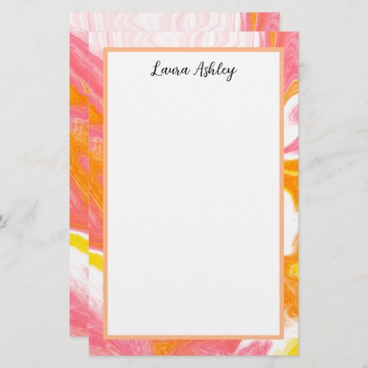ピンクとオレンジの流体アートパーソナライズされた 便箋 (正面/裏面)