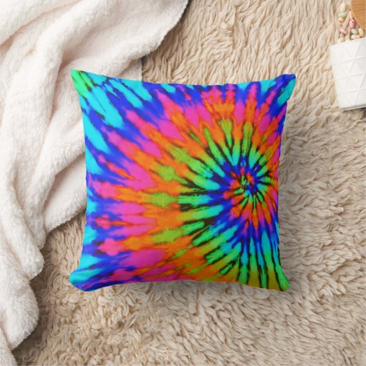 ピンクとオレンジの渦巻き状絞り染め枕 クッション (ブランケット)