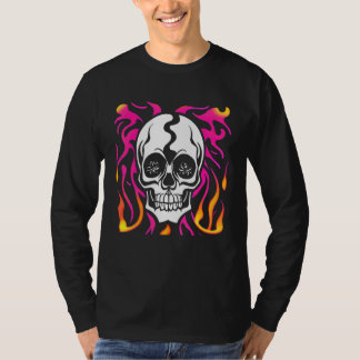 ピンクとオレンジの炎のグラフィックデザインの白いドクロ Tシャツ