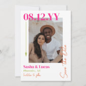 ピンクとオレンジの矢印タイポグラフィ写真の日付を保存 セーブザデート (正面)