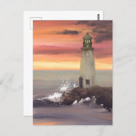 ピンクとオレンジの空と海岸の灯台 ポストカード