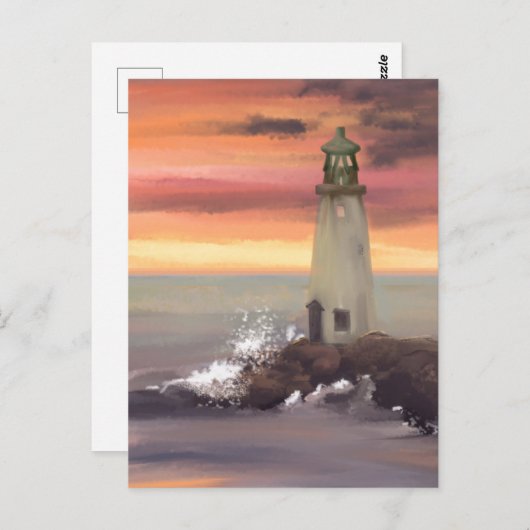 ピンクとオレンジの空と海岸の灯台 ポストカード (正面/裏面)