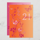 ピンクとオレンジの花と蝶の21歳の誕生日 招待状 (正面/裏面)