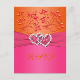 ピンクとオレンジの花のハートの返信カード 出欠カード