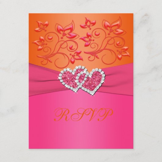 ピンクとオレンジの花のハートの返信カード 出欠カード (正面)