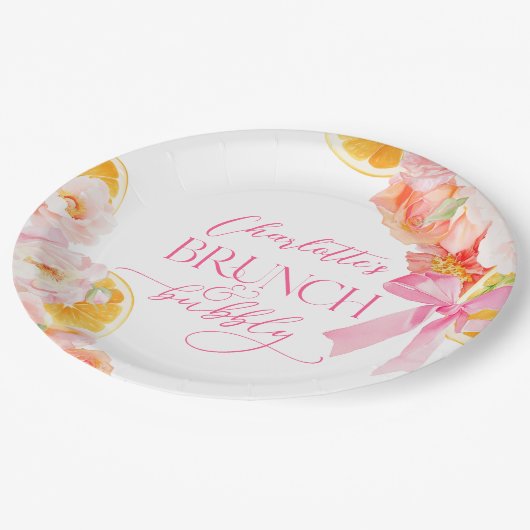 ピンクとオレンジの花のブライズシャワー ペーパープレート (アングル)