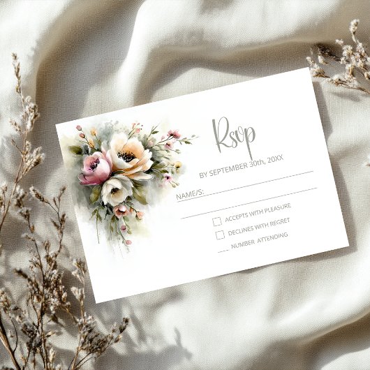 ピンクとオレンジの花のラスティックな結婚式RSVP 出欠カード