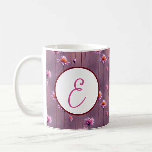 ピンクとオレンジの花の模様モノグラム コーヒーマグカップ (左)