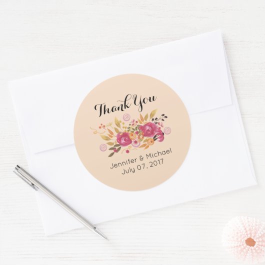ピンクとオレンジの花の花束結婚ありがとう ラウンドシール (封筒)